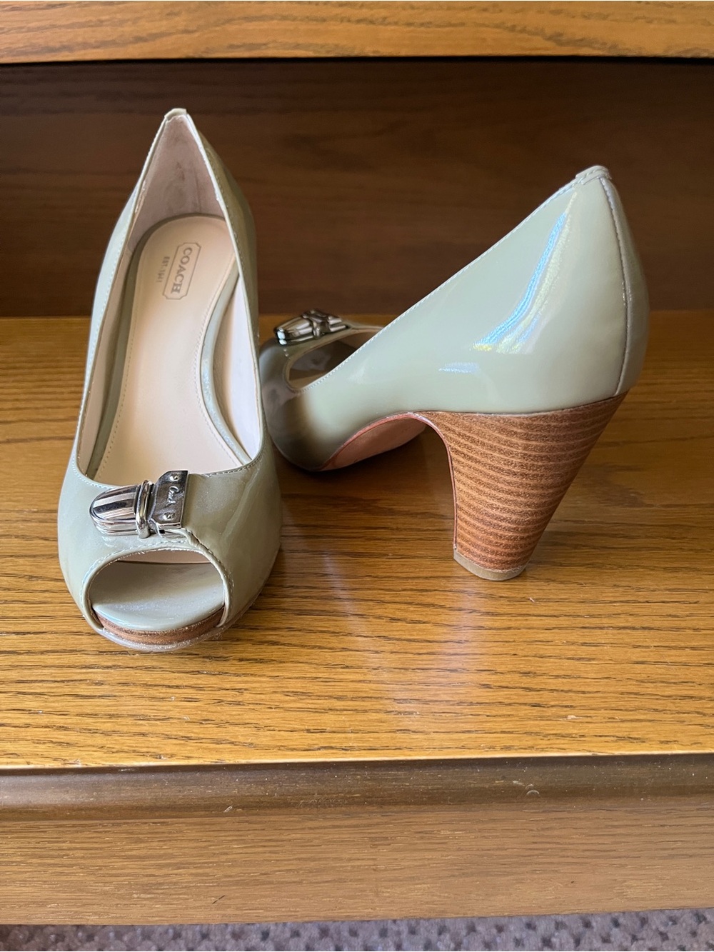 Coach Taupe Patent Leather Peep-Toe Heels with Silver Buckle size 7B